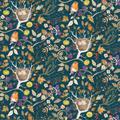 Autumnity Digital Forest Fruits Fabric Y3862-105 Dark Teal For Clothworks Fabric. Robins, Nests, & Autumn Leaves Quilting