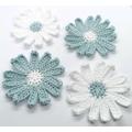 Set Of 2 Handmade Daisy Flower, Crochet Ice Blue/White Flower Applique, Daisies Scrapbooking, Craft, Card-Making, Wedding