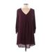 Lush Casual Dress - Mini V-Neck 3/4 sleeves: Burgundy Print Dresses - Women's Size Medium