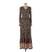 Shein Casual Dress - A-Line V Neck Long sleeves: Brown Floral Dresses - Women's Size Large