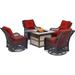 Hanover Orleans 5-Piece Fire Pit Chat Set with a 40,000 BTU Fire Pit Table and 4 Woven Swivel Gliders in Autumn Berry