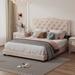 Beige Velvet Upholstered Bed Queen Platform Bed Frame w/ Headboard