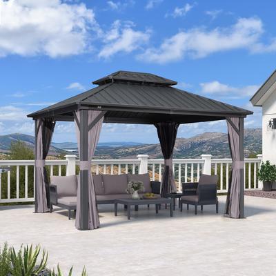 PURPLE LEAF Gazebo Outdoor Gazebo with Dual-Layer Galvanized Steel Double Roof Aluminum Gazebo with Netting and Curtains Grey