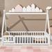 Twin/Full Size Tent-Shaped Floor Bed with Fence & Door, Wooden Montessori Floor Bedframe with Slats Support for Kids Girls Boys