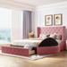 Velvet Upholstered Queen Size Platform Bed with Wingback Headboard, Large Storage Drawer, and Side Stools, Extra Storage Space