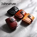 Johnature Vintage Handmade Genuine Leather Short Wallet 2024 New Solid Color Hasp First Layer