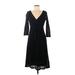 Ann Taylor LOFT Casual Dress - Midi V Neck 3/4 sleeves: Black Print Dresses - Women's Size 8 Petite