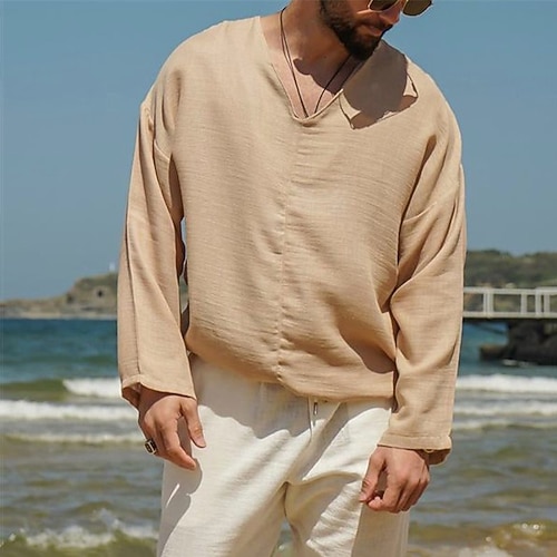 Herren Hemd Leinenhemd Weißes Baumwollhemd Sommerhemd Strandhemd Baumwoll-Leinen-Hemd Einfach Urlaub Ferien Schwarz Weiß Khaki Langarm V Ausschnitt Frühling Herbst Bekleidung Button-Down Image