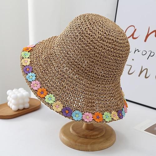 Sonnenhüte mit Boho-Blumendekor, eleganter, einfarbiger Strohhut, ausgehöhlt, atmungsaktiv, Reise-Strandhüte für Damen und Mädchen, Sommer, Outdoor