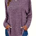 Plus Size Casual Sweater, Women's Plus Solid Ribbed Long Sleeve Round Neck Knit Top