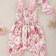 Baby Girls Cute 2pcs Set - Floral Print Thin Strap Romper Jumpsuit & Headband Outfit, Coquette Style