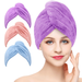 3 Pack Microfiber Hair Towel Wrap BEoffer Super Absorbent Twist Turban Fast Drying Hair Caps with Buttons Bath Loop Fasten Salon Dry Hair Hat (Purple+Pink+Blue)