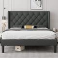 Size Wingback Platform Bed Frame with Upholstered Button Tufted Headboard / 8 Under-Bed Storage Space Sturdy Wooden Slats Noise-Free No Box Spring Needed Easy Assembly Light Gra