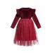 Huakaishijie Kids Girls Midi Dress Long Sleeve Ruffle A-line Swing Casual Dresses Dost Print Patchwork Fall Dress