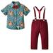 Rovga Outfit For Children Toddler Boys Short Sleeve Cartoon Shirt Tops Red Pants With Tie Child Kids Gentleman Outfits