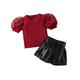 Canrulo Toddler Baby Girls Summer Clothes Mesh Short Sleeve Rib T-Shirt Tops and Bandage Leather Shorts Clothes Wine Red 4-5 Years