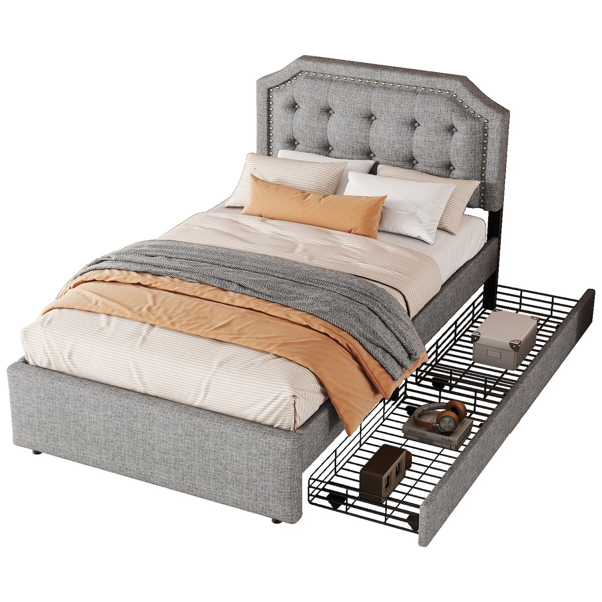 Merax 90*200 cm Polsterbett, gepolstertes Bett, Nachttischpolsterung mit dekorativen Nieten, doppelte Schubladen, Grau Image