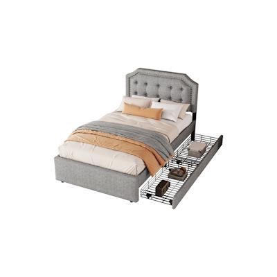 Merax 90*200 cm Polsterbett, gepolstertes Bett, Nachttischpolsterung mit dekorativen Nieten, doppelte Schubladen, Grau