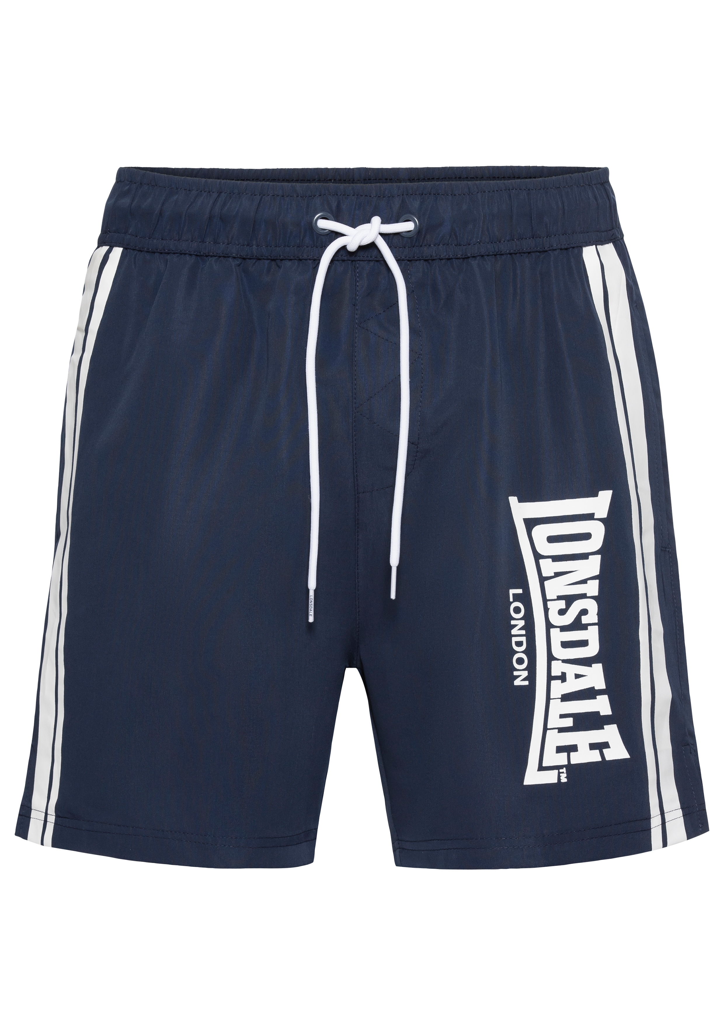 Shorts LONSDALE "TAMESIDE Badeshorts", Herren, Gr. 3XL, N-Gr, blau (navy, weiß), Jersey, Obermaterial: 100% Polyester, gestreift, regular fit, Hosen, mit elastischem Bund und Kordelzug Image