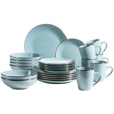 Kombiservice MÄSER "Geschirr-Set, Service Metallic Rim", blau, 24 tlg., Steinzeug, Geschirr-Sets, messingfarben schimernden Umrandung, 24 Teile, für 6 Personen Image