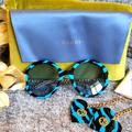 Gucci Accessories | New Gucci Womens Round 56mm Chain Link Gold/Blue/Black Shades W/Heart Charms | Color: Black/Blue | Size: 56mm