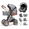 High View 3 in 1 Baby Pram Stroller Basket Foldable Pushchair with Stroller Accessories,Large Bassinet Stroller,Standard Car Seat Stroller Combo,Multi-Position Recline (Color : /Grey)
