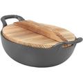 Vinbcorw Wok cast Iron, Frying pan with Flat Base and Wooden lid, Authentic Asian Dishes, cast Iron Stirring pan withstands Direct Heat, Frying Pot,27cm