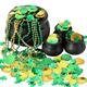 BOARDFEB 340 Pcs St Patricks Day Pot of Gold, 1 Large, 3 Mini Black Leprechaun Cauldron 200 Plastic Gold Coins 6 Beaded Necklaces 130 Shamrock Confetti for St Patricks Day Party Decoration Supply