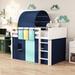 Twin Size Wood Loft Bed with 3 Storage Pockets, Low Loft Bed Frame with Tent & Tower, for Kids Teens Boys Girls, Blue