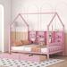 Modern Full Wooden House Bed Frame with 2 Drawers, Storage Shelves & Roof, Montessori Platform Bed for Kids Teen, Pink