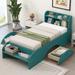 Wood Twin Bed with Bookcase Headboard, Platform Bed Frame with 2 Drawers, Storage Headboard and Footboard, Dark Green