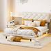 Linen Fabric Floating Platform Bed, Full Wooden Bed with Light Stripe, Button-Tufted Design Headboard, Wood Slat Support, Beige