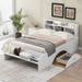 Wood Full Bed with Bookcase Headboard, Platform Bed Frame with 2 Drawers, Storage Headboard and Footboard, White