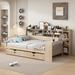 Wooden Full Daybed Frame with Storage Shelves, Multi-functional Storage Bed Bed with 2 Storage Drawers and Study Desk, Natural