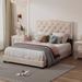 Velvet Fabric Wooden Upholstered Platform Bed Frame with Rivet Design & Tufted Headboard for Bedroom, Wood Slat Support