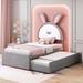 Twin Size Velvet Upholstered Platform Bed with Trundle & 3 Drawers, Rabbit-Shaped Headboard with Embedded LED Lights, Gray
