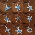 Blue Fire Opal Necklace Pendant Aquatic Creatures Turtle Fish Tail for Women Hawaiian Style Gifts