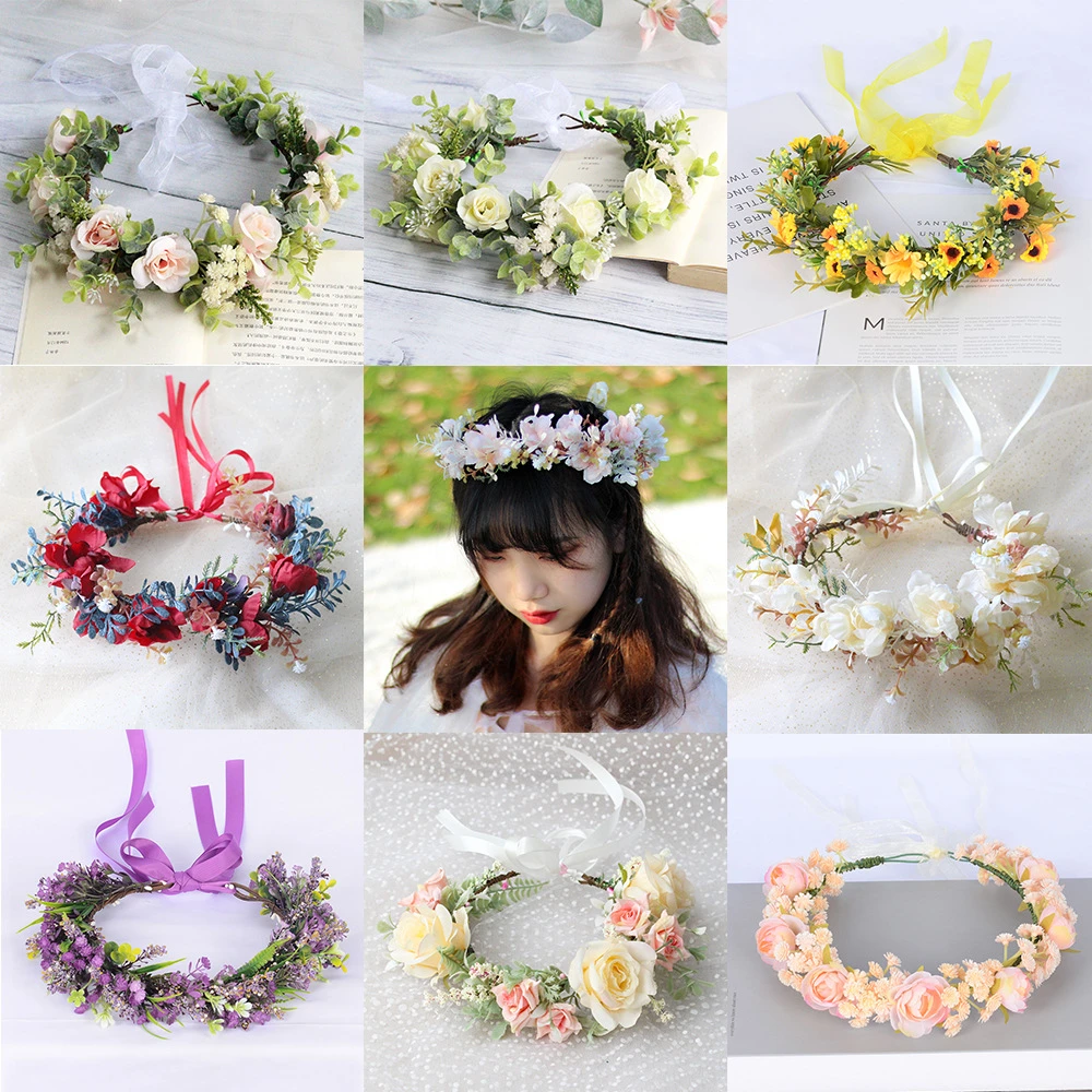 Heißer Verkauf Frühling Böhmische Blume Krone frauen Strand Hawaii Blumen Girlande Romantische Faux Rose Hochzeit Kränze Stirnband Blumen Image