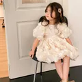 Sommer Mädchen Prinzessin 3d Blume geschwollene Ärmel Kleid Kinder beige Bogen Kleider Kleinkind