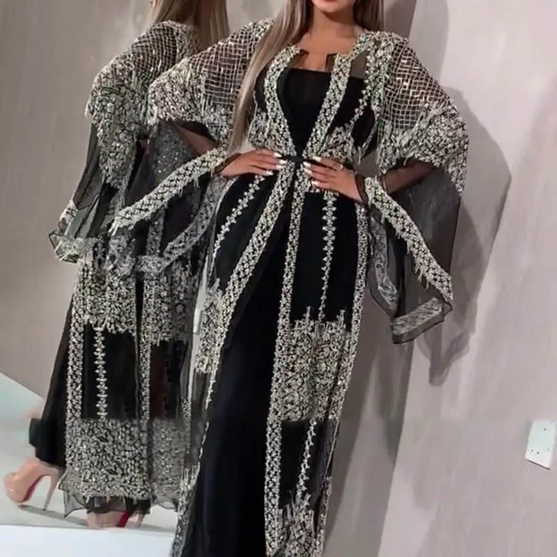 2025 Abaya Dubai Muslimisches Luxuskleid Hochwertige Stickerei Spitze Pailletten Ramadan Kaftan Isla Afrikanische Kleidung 2-teiliges Set Image