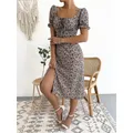 2024 New Fashion Women's Bodysuit U-neck High Split Flower Dress Short sleeved Dress Elegant and