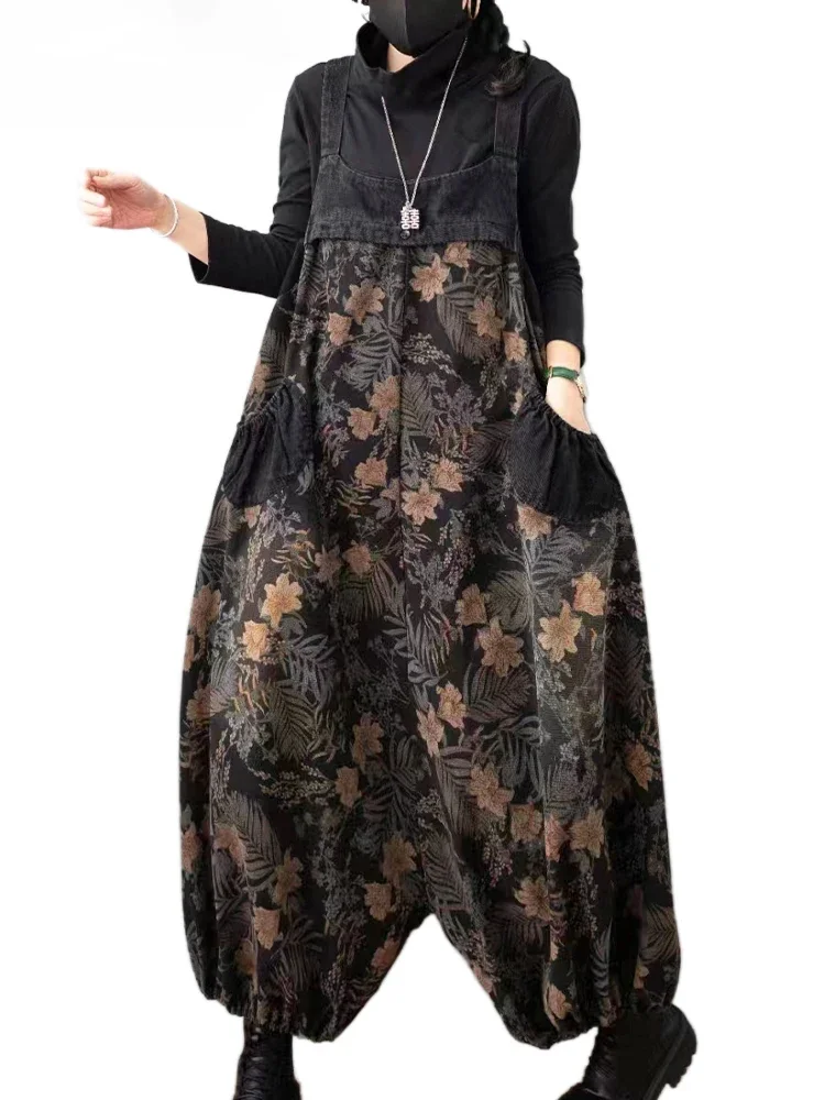 Amax luluE 2024 Frühling Vintage Streetwear Frauen Plus Größe Gedruckt Jeans Denim Overalls Damen Floral Harem Hosen Casual Hosen Image