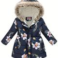 Children's Girls Puffer Coat Flowers Print Zipper Hooded Fleece Warm Jacket Winter Kids Clothes