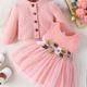 Sweet & Cute Infant Baby Girls Casual Dress Up, Single Breasted Long Sleeve Top Sleeveless Mesh Splicing Vest Skirt Set