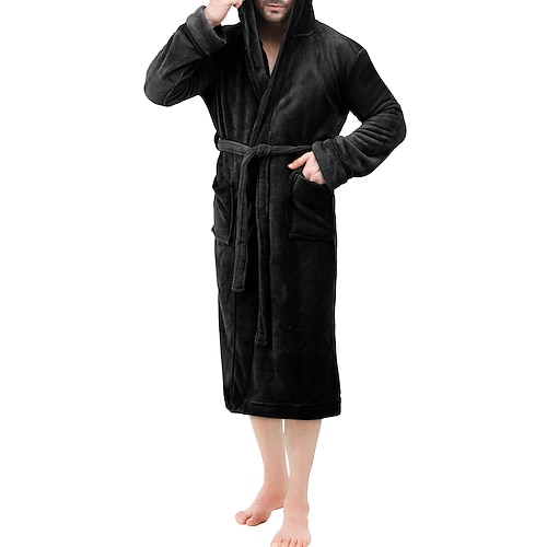 Herren Schlafanzug Morgenmantel Bademantel 1 pcs Glatt Stilvoll Brautkleider schlicht Komfort Heim Täglich Bett Vlies Komfort Warm Kapuzenpullover Langarm Tasche Herbst Winter Schwarz Dunkelblau Image