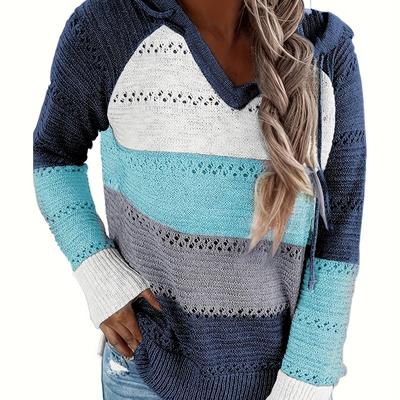 TEMU Color Block Drawstring Hooded Sweater, Casual Long Sleeve Sweater For Fall & Winter, Women's Clothing Image