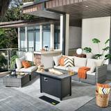 Vcatnet 6 Pieces Outdoor Patio Furniture Sectional Sofa All-weather Conversation Set with Fire Pit Table and Coffee Table for Garden Poolside Beige