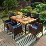 durable & William 6 Pieces Patio Dining Set for 6 4 PE Rattan Chairs and 1 Rectangular Acacia Wood Table and 1 Bench Outside Table and Chairs with Cushions Outdoor Furniture for De