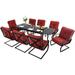 durable 7 Piece Outdoor Patio Dining Set 6 Spring Motion Cushion Chairs 1 Rectangular Table with 1.57 Umbrella Hole Furniture Sets for Lawn Backyard Garden Red