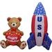 Two Birthday & Patriotic Party Decorations Bundle Includes 4 Foot Tall Inflatable Happy Birthday Teddy Bear with Love Heart and 6 Foot Tall 4th of July USA American Flag Rocket Ship Rocketship